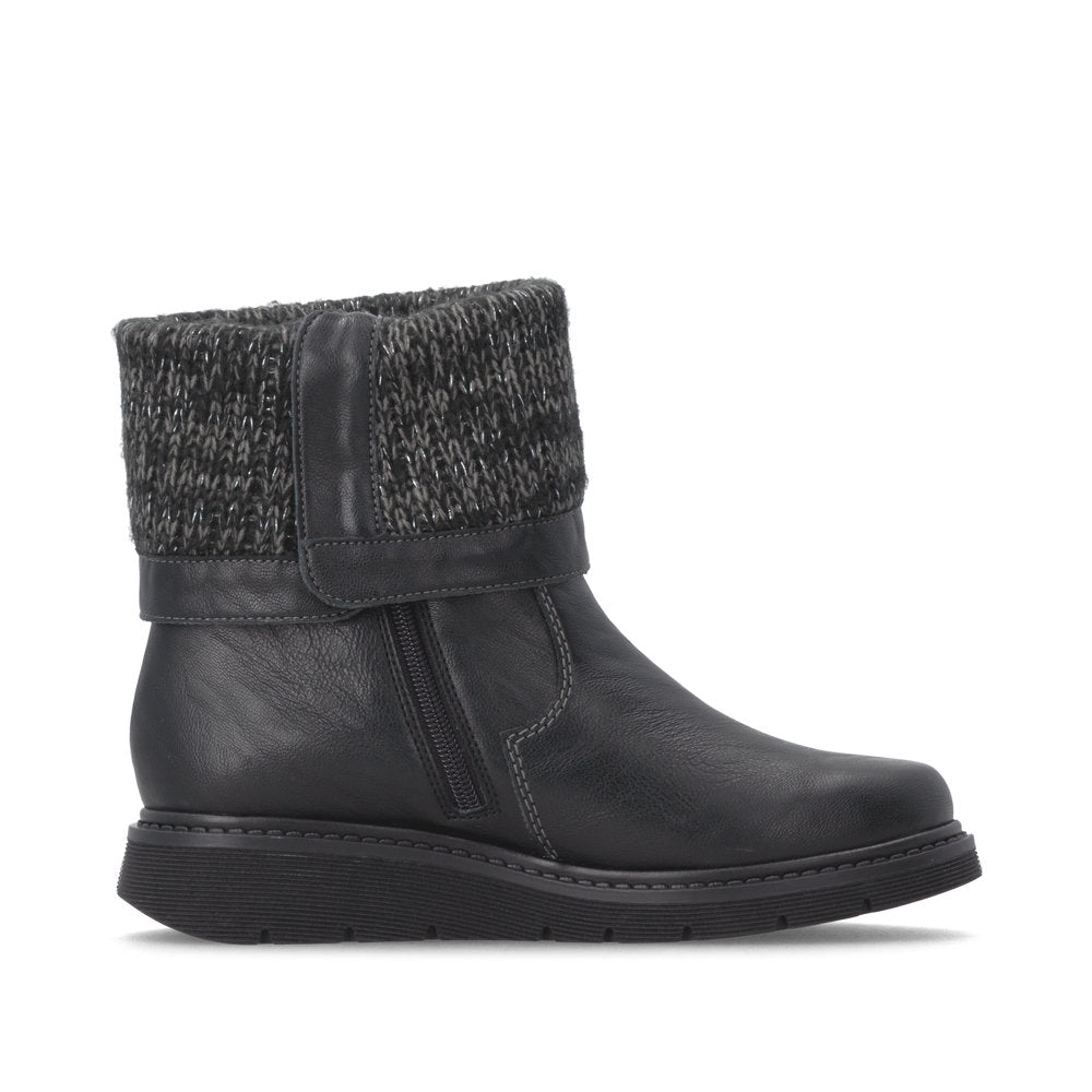 Remonte D3976-03 women's wide black water resistant knitted cuff side zip ankle boots, outer side view.