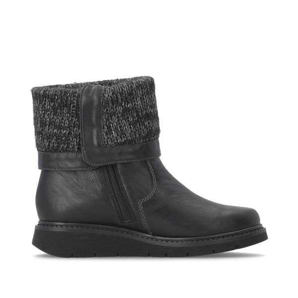 Remonte D3976-03 women's wide black water resistant knitted cuff side zip ankle boots, outer side view.