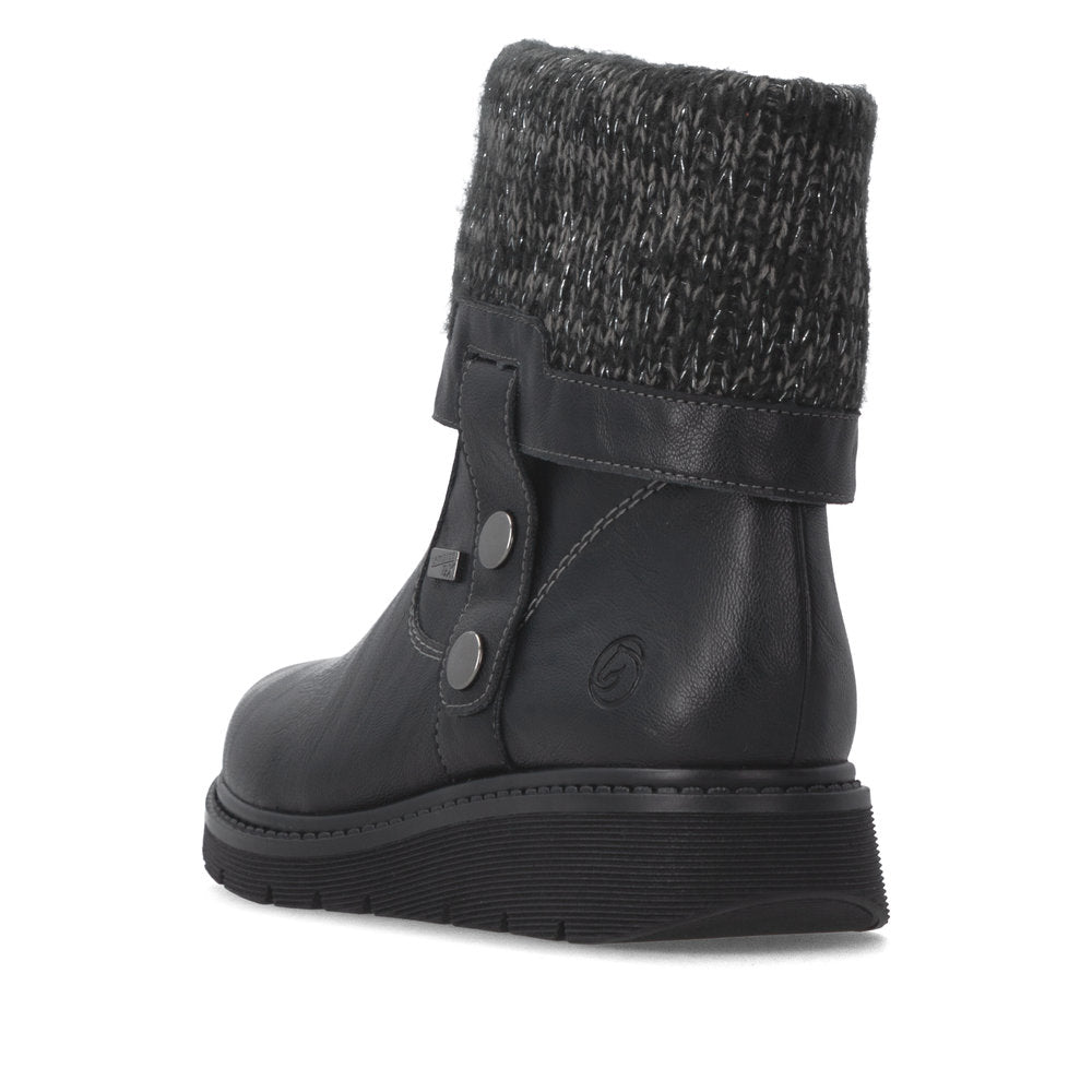 Remonte D3976-03 women's wide black water resistant knitted cuff side zip ankle boots, rear three-quarter view.