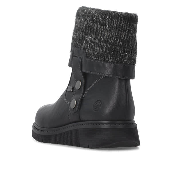 Remonte D3976-03 women's wide black water resistant knitted cuff side zip ankle boots, rear three-quarter view.