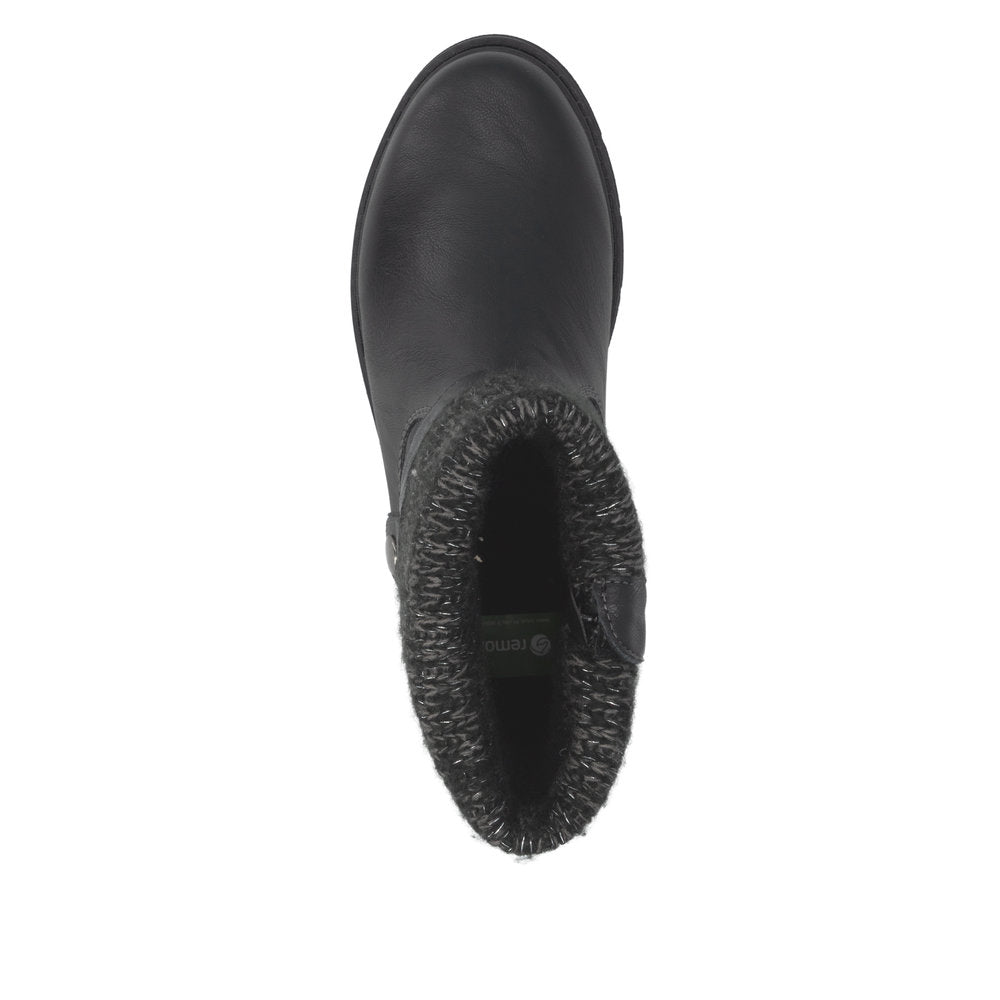 Remonte D3976-03 women's wide black water resistant knitted cuff side zip ankle boots, top view.