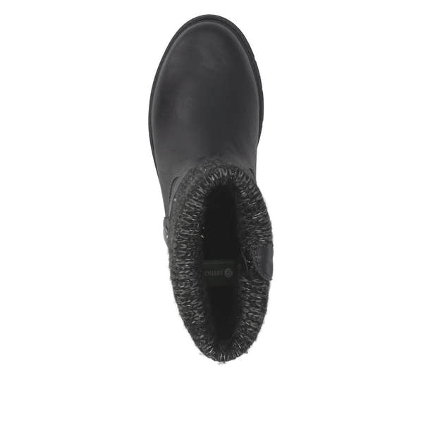 Remonte D3976-03 women's wide black water resistant knitted cuff side zip ankle boots, top view.