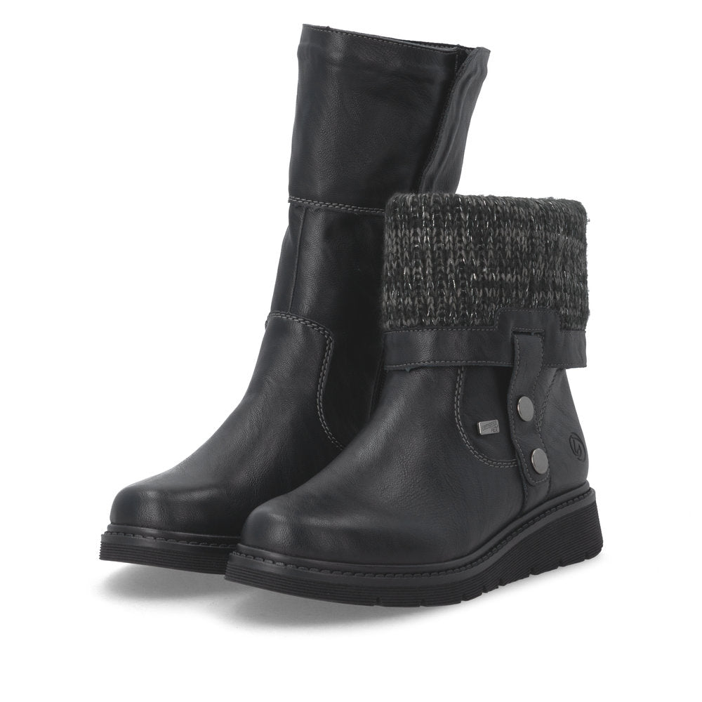 Remonte D3976-03 women's wide black water resistant knitted cuff side zip ankle boots, lifestyle view 3 of 8.