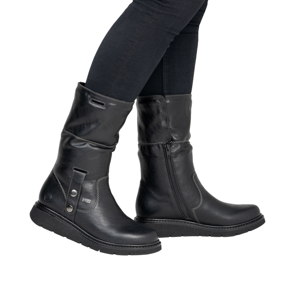Remonte D3976-03 women's wide black water resistant knitted cuff side zip ankle boots, lifestyle view 5 of 8.