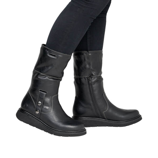 Remonte D3976-03 women's wide black water resistant knitted cuff side zip ankle boots, lifestyle view 5 of 8.