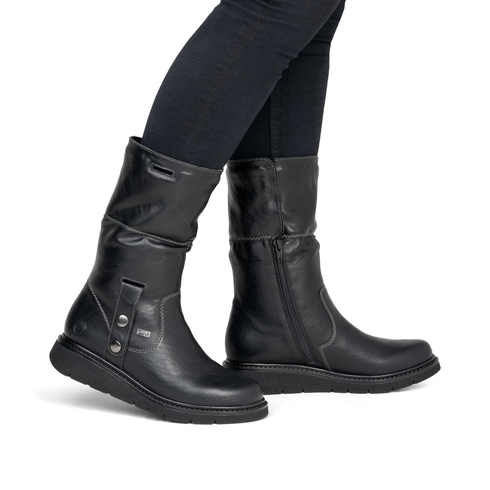 Remonte D3976-03 women's wide black water resistant knitted cuff side zip ankle boots, lifestyle view 6 of 8.
