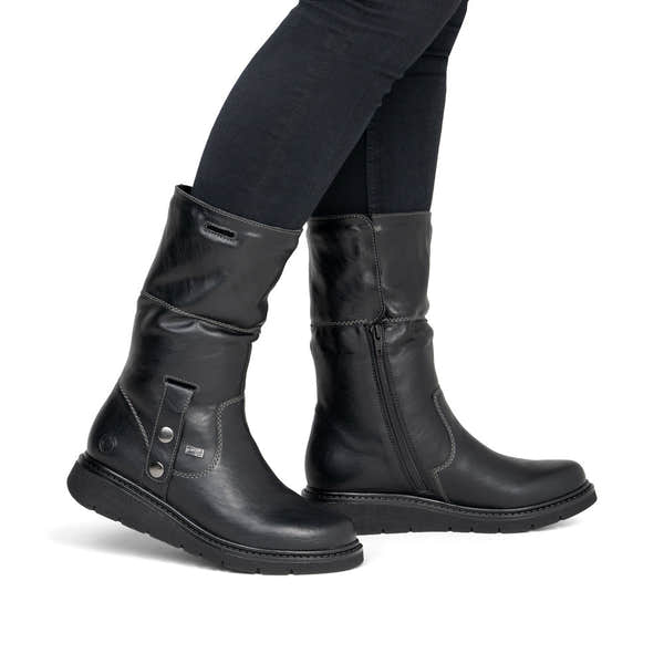 Remonte D3976-03 women's wide black water resistant knitted cuff side zip ankle boots, lifestyle view 6 of 8.