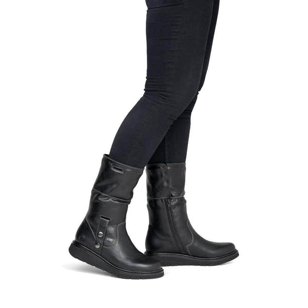 Remonte D3976-03 women's wide black water resistant knitted cuff side zip ankle boots, lifestyle view 7 of 8.