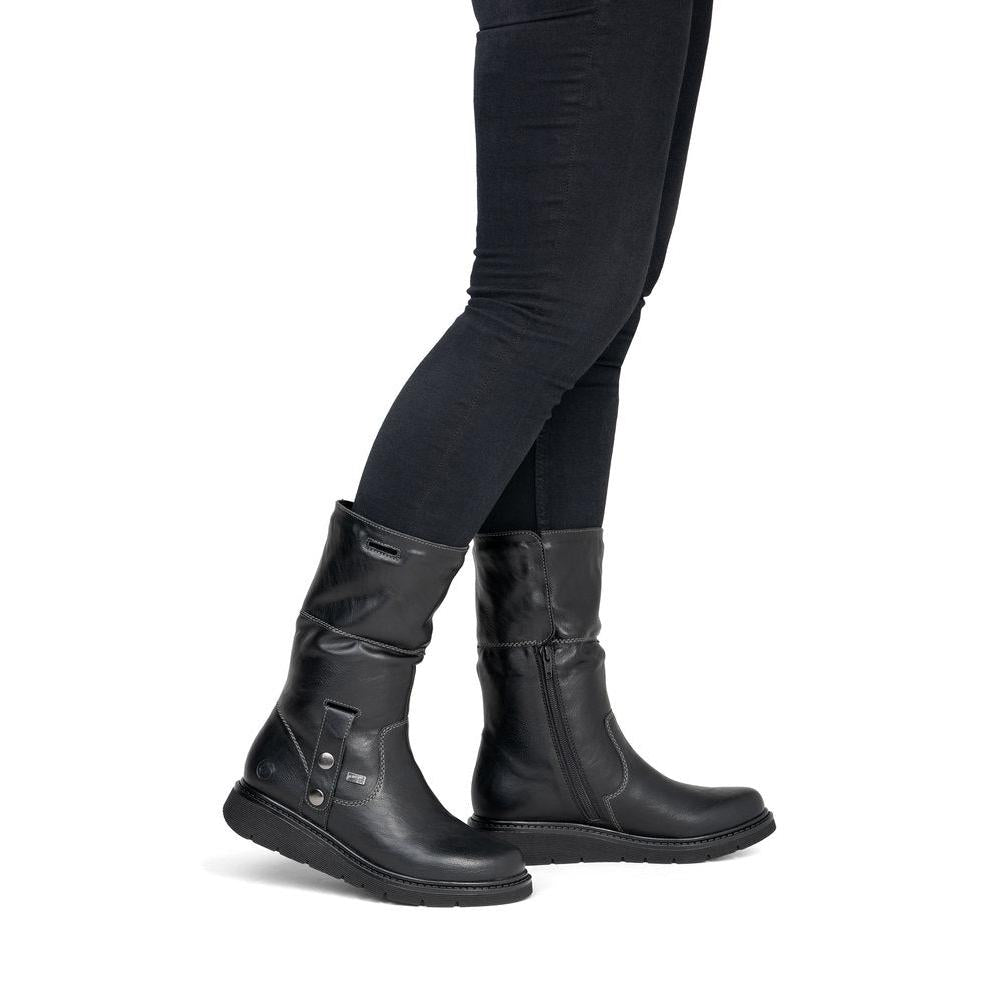 Remonte D3976-03 women's wide black water resistant knitted cuff side zip ankle boots, lifestyle view 8 of 8.