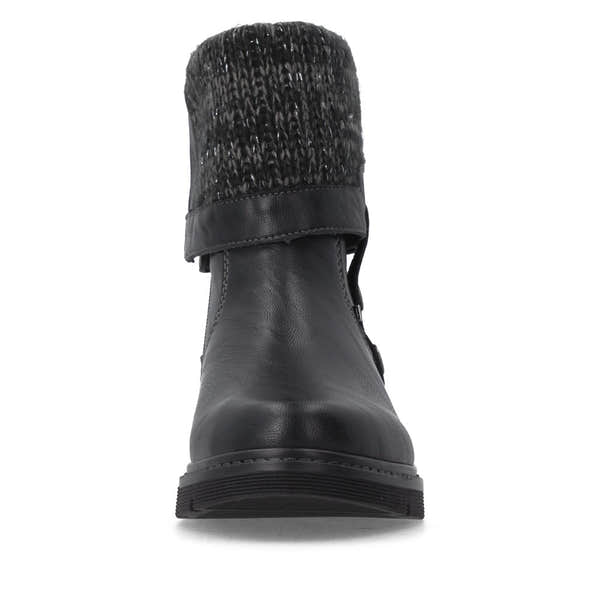Remonte D3976-03 women's wide black water resistant knitted cuff side zip ankle boots, front view.