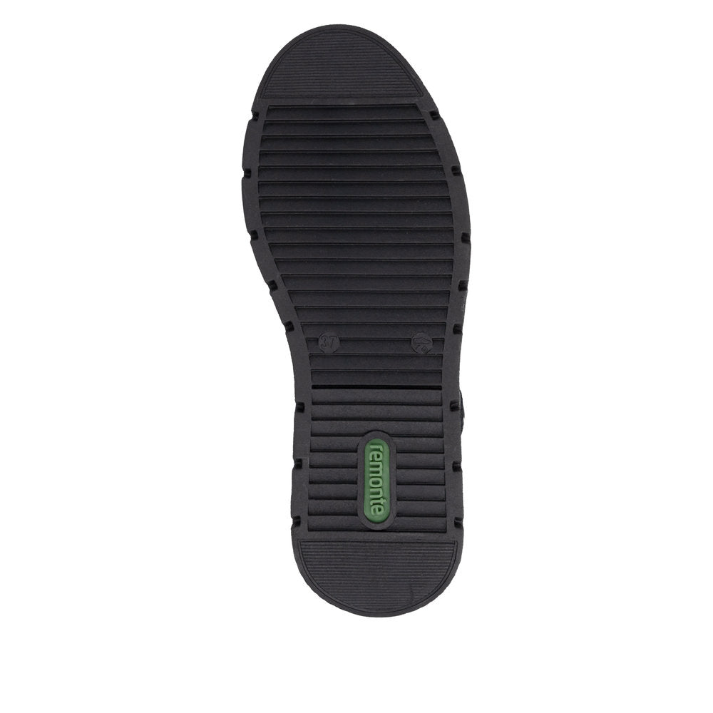 Remonte D3976-03 women's wide black water resistant knitted cuff side zip ankle boots, sole and tread view.