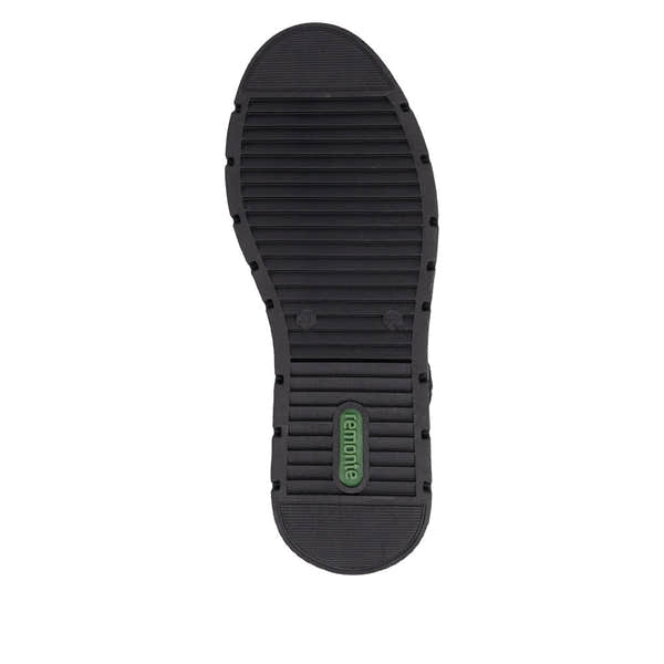 Remonte D3976-03 women's wide black water resistant knitted cuff side zip ankle boots, sole and tread view.