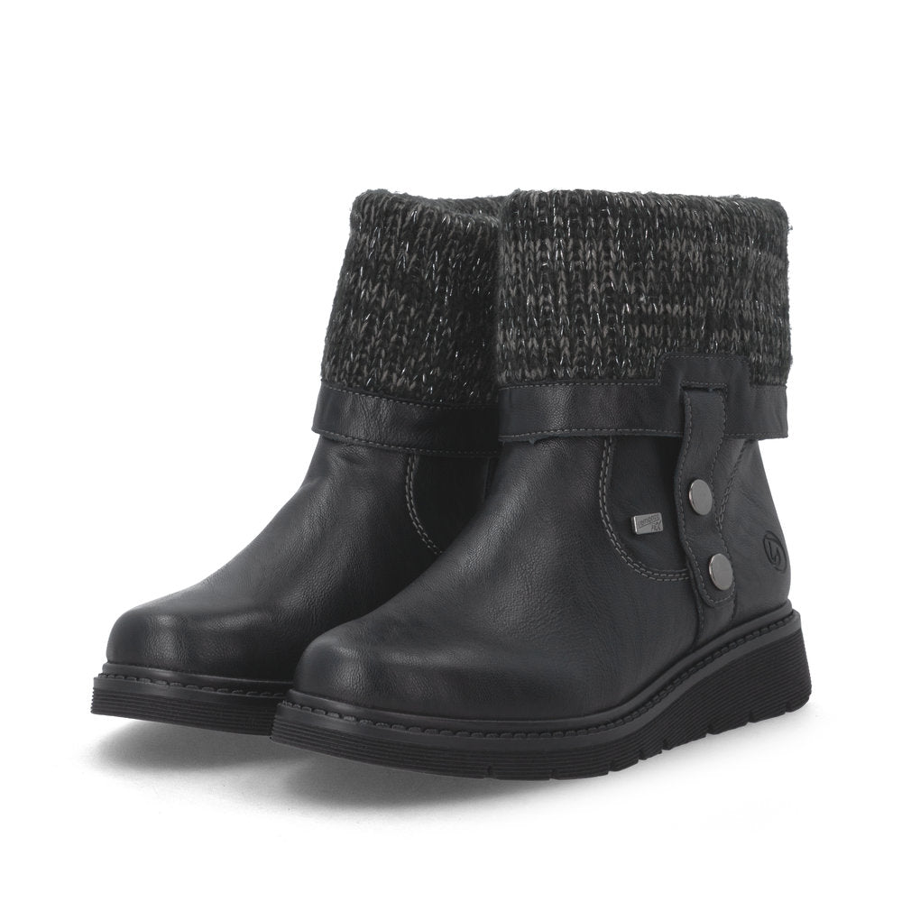 Remonte D3976-03 women's wide black water resistant knitted cuff side zip ankle boots, paired three-quarter view.