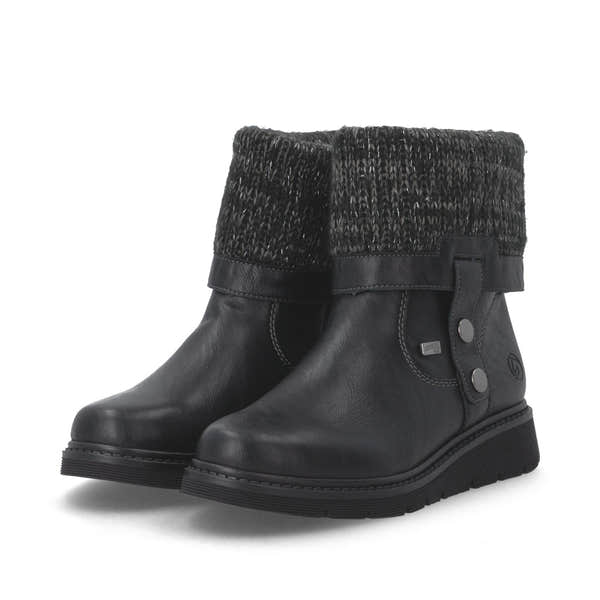 Remonte D3976-03 women's wide black water resistant knitted cuff side zip ankle boots, paired three-quarter view.