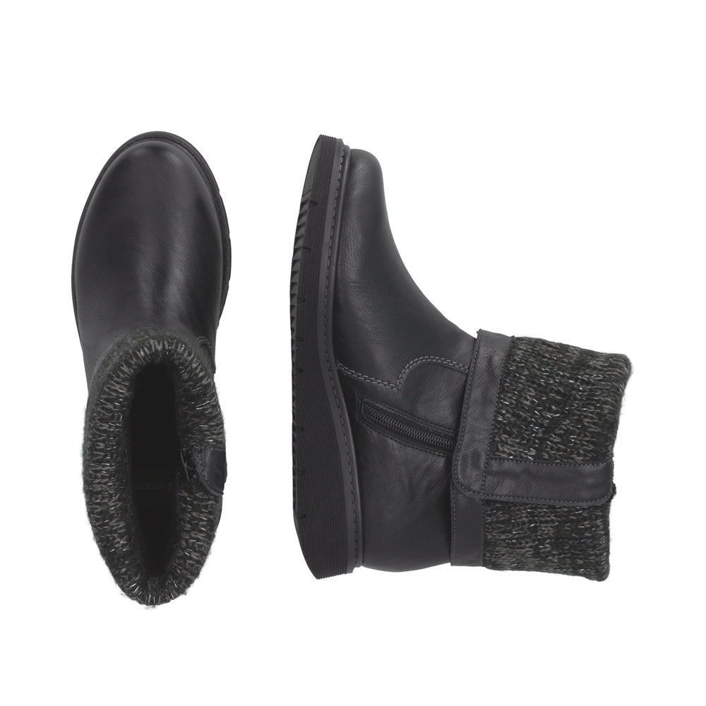 Remonte D3976-03 women's wide black water resistant knitted cuff side zip ankle boots, two-angle product view.