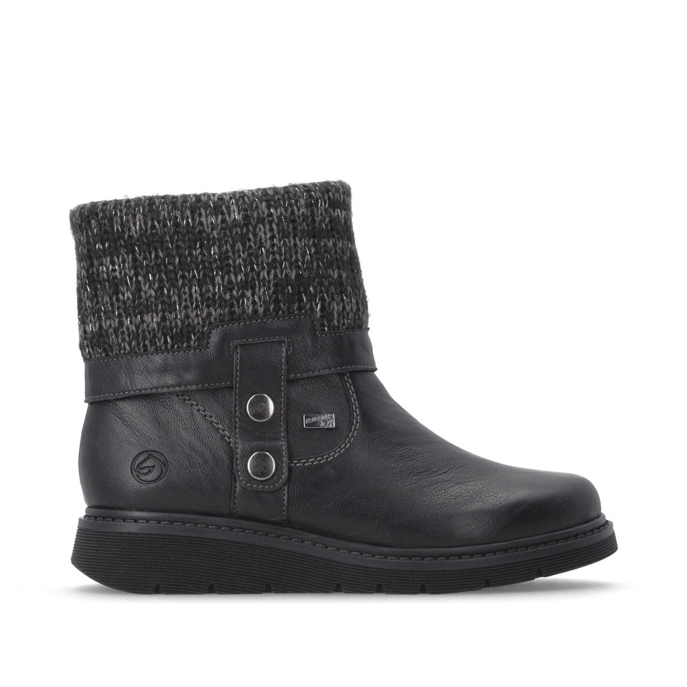 Remonte D3976-03 women's wide black water resistant knitted cuff side zip ankle boots, opposite side view.
