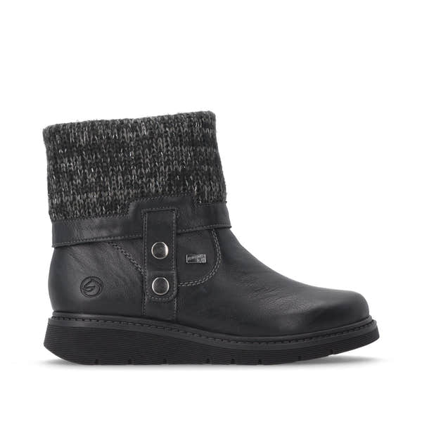 Remonte D3976-03 women's wide black water resistant knitted cuff side zip ankle boots, opposite side view.