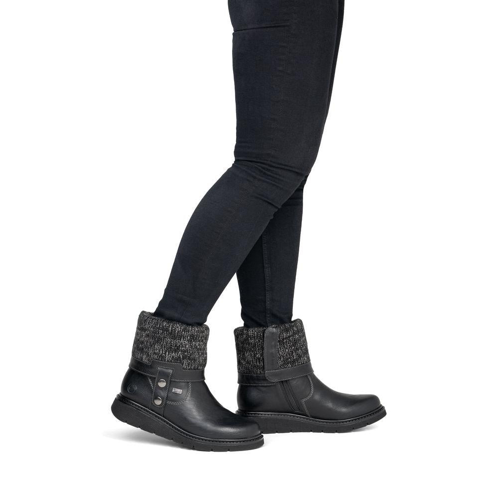 Remonte D3976-03 women's wide black water resistant knitted cuff side zip ankle boots, on-foot lifestyle view.