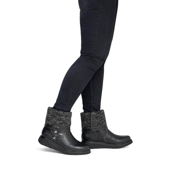 Remonte D3976-03 women's wide black water resistant knitted cuff side zip ankle boots, on-foot lifestyle view.