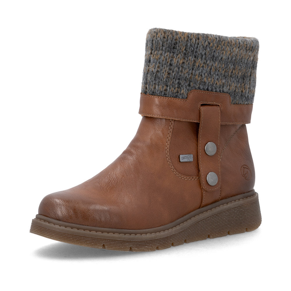 Remonte D3976-23 women's wide brown water resistant knitted cuff side zip ankle boots, front three-quarter view.