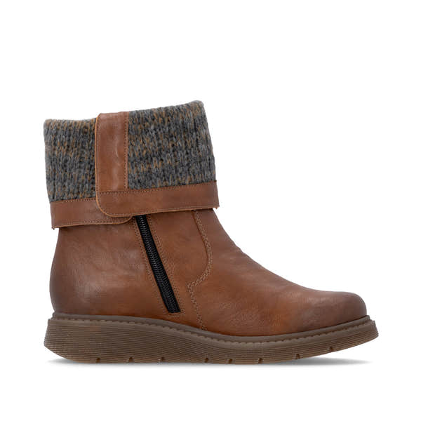 Remonte D3976-23 women's wide brown water resistant knitted cuff side zip ankle boots, outer side view.