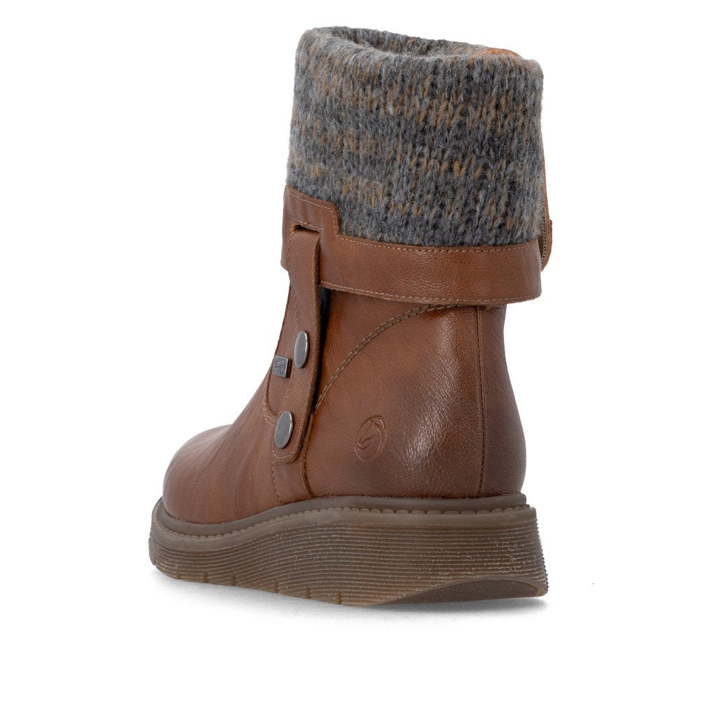 Remonte D3976-23 women's wide brown water resistant knitted cuff side zip ankle boots, rear three-quarter view.