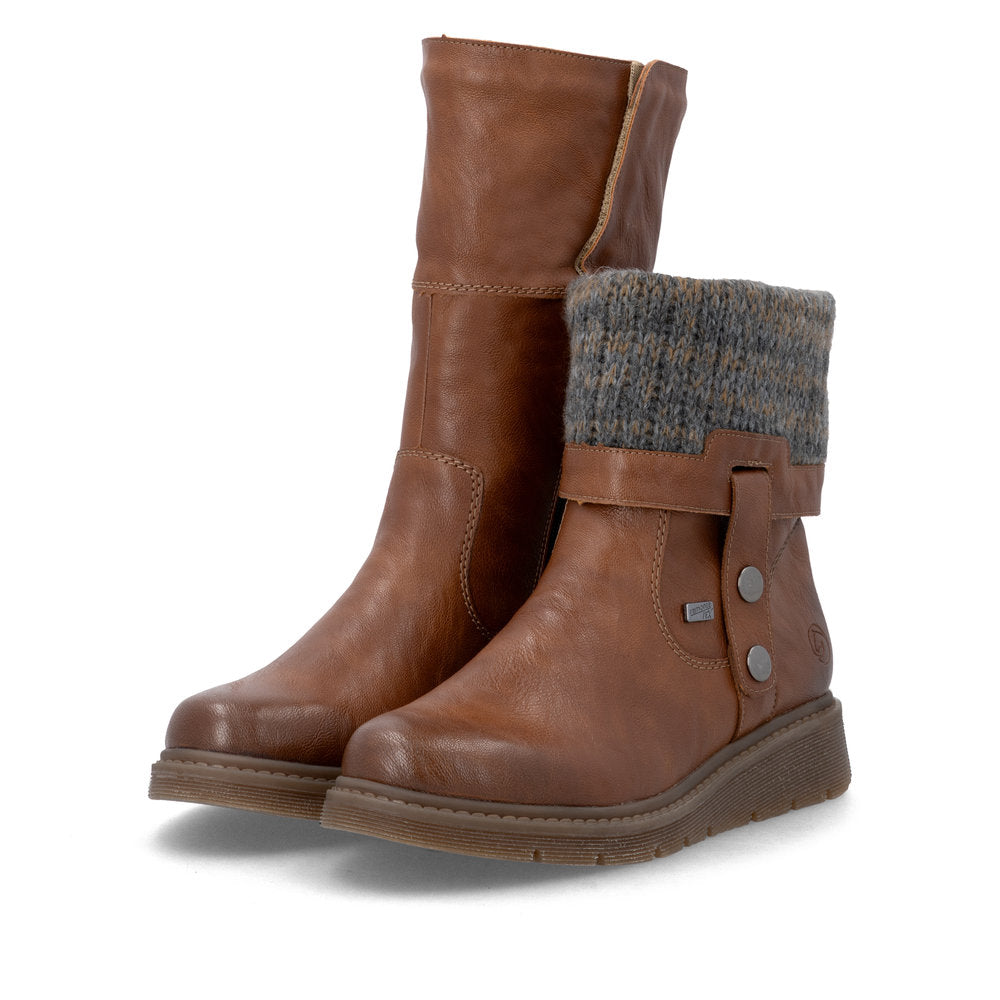 Remonte D3976-23 women's wide brown water resistant knitted cuff side zip ankle boots, lifestyle view 3 of 8.