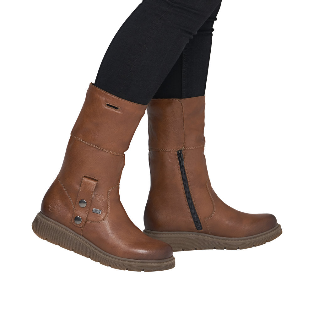 Remonte D3976-23 women's wide brown water resistant knitted cuff side zip ankle boots, lifestyle view 5 of 8.