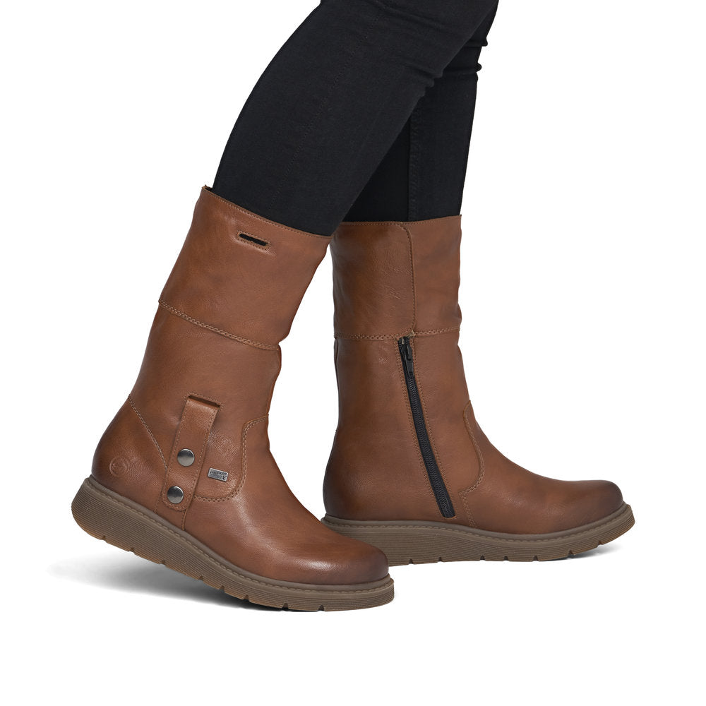 Remonte D3976-23 women's wide brown water resistant knitted cuff side zip ankle boots, lifestyle view 6 of 8.