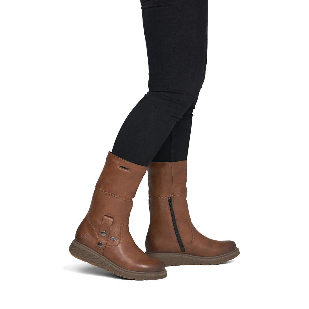 Remonte D3976-23 women's wide brown water resistant knitted cuff side zip ankle boots, lifestyle view 8 of 8.