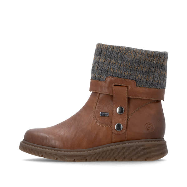 Remonte D3976-23 women's wide brown water resistant knitted cuff side zip ankle boots, inner side view.