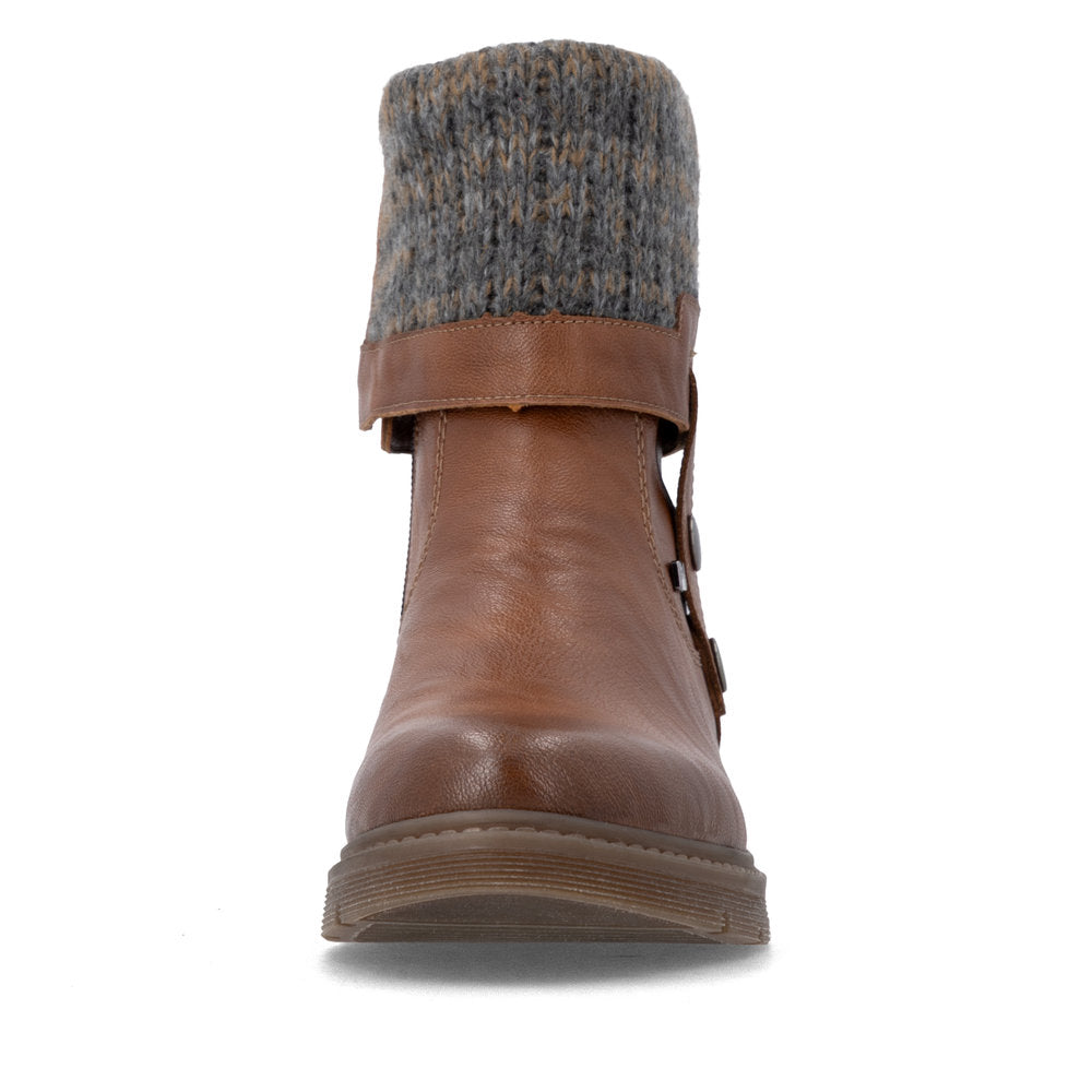 Remonte D3976-23 women's wide brown water resistant knitted cuff side zip ankle boots, front view.