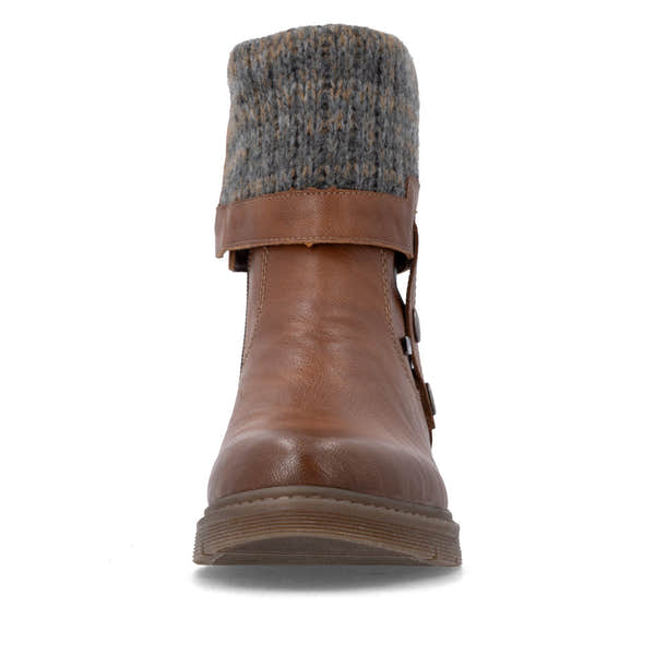 Remonte D3976-23 women's wide brown water resistant knitted cuff side zip ankle boots, front view.