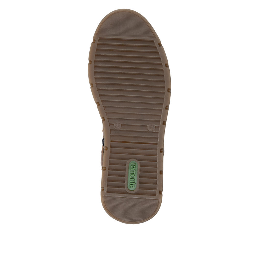 Remonte D3976-23 women's wide brown water resistant knitted cuff side zip ankle boots, sole and tread view.