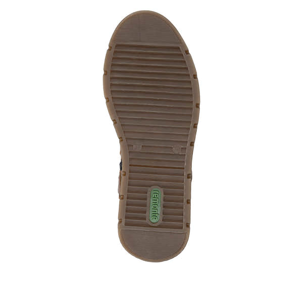 Remonte D3976-23 women's wide brown water resistant knitted cuff side zip ankle boots, sole and tread view.