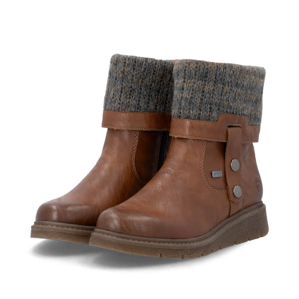 Remonte D3976-23 women's wide brown water resistant knitted cuff side zip ankle boots, paired three-quarter view.