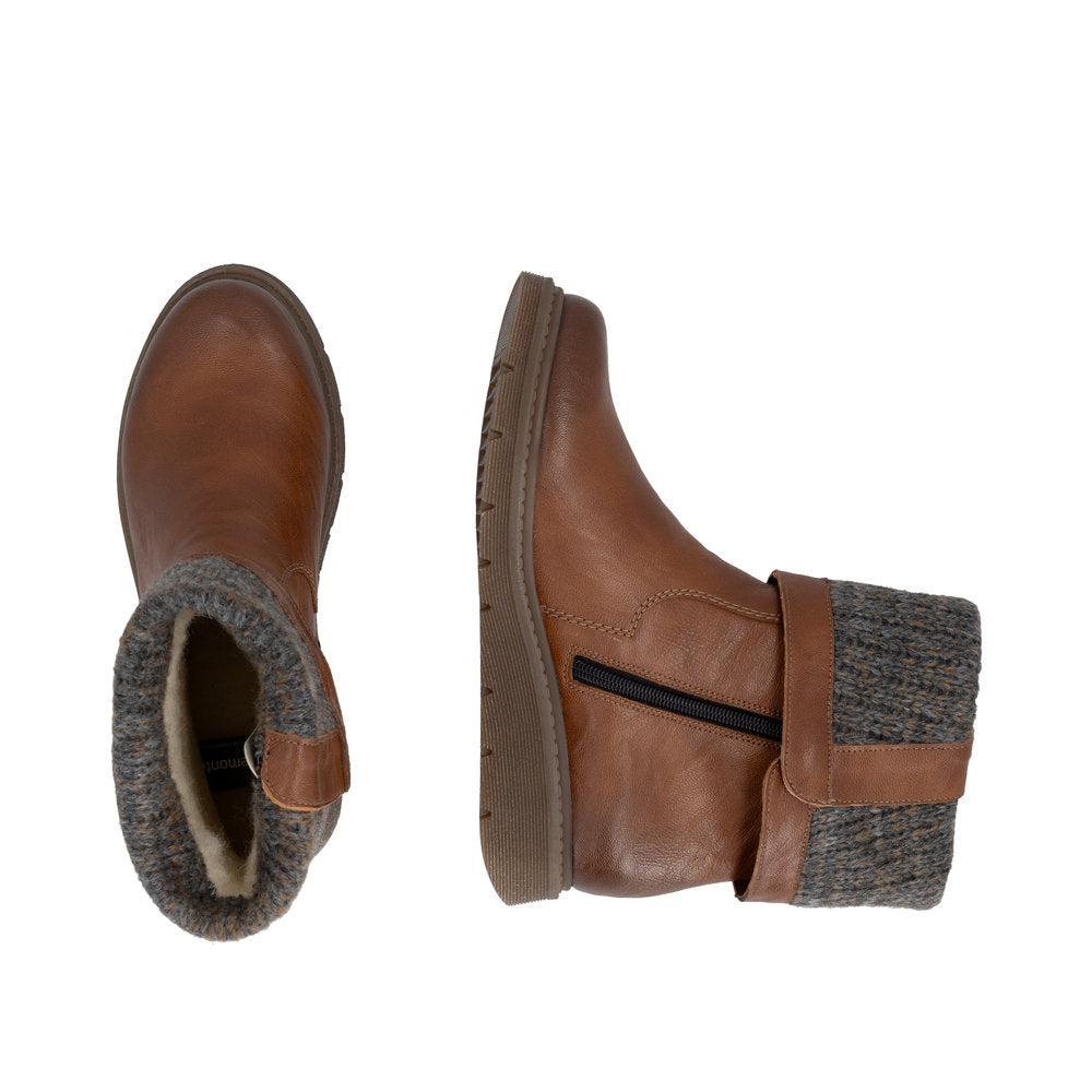 Remonte D3976-23 women's wide brown water resistant knitted cuff side zip ankle boots, two-angle product view.