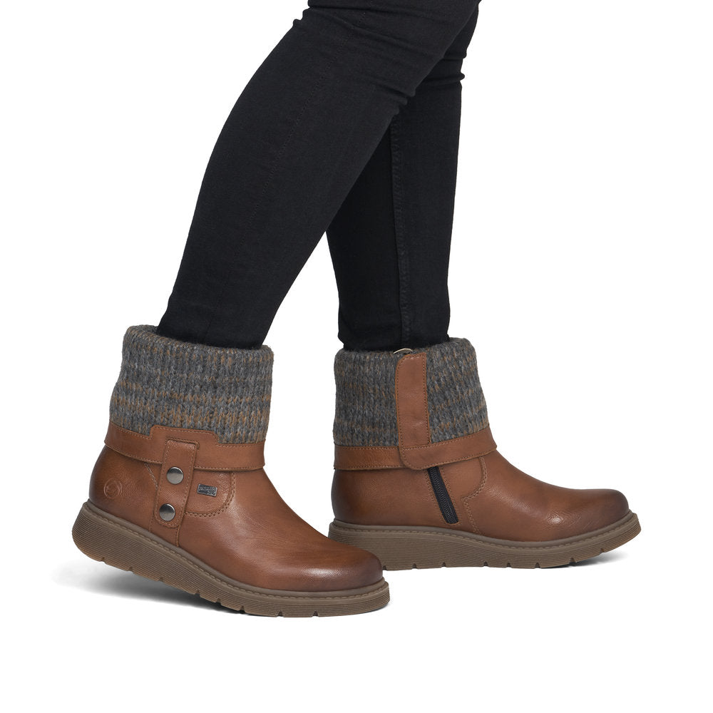 Remonte D3976-23 women's wide brown water resistant knitted cuff side zip ankle boots, on-foot lifestyle view.