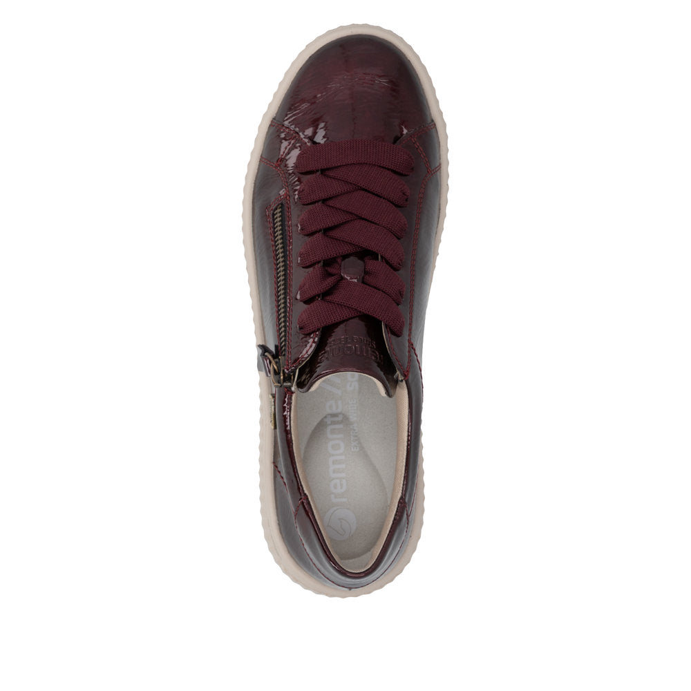 Remonte D3E07-35 women's wide red water resistant vegan zip & lace shoes, top view.