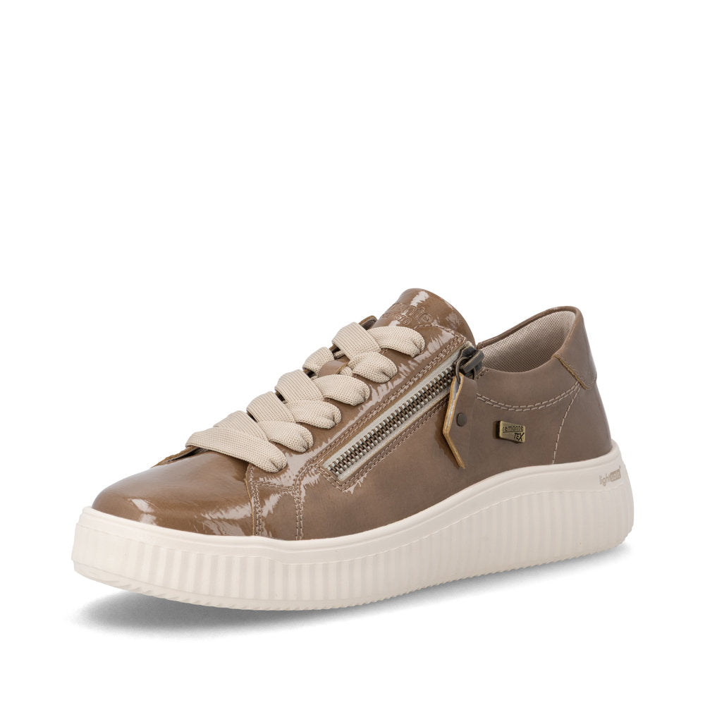 Remonte D3E07-64 women's wide brown water resistant vegan zip & lace shoes, front three-quarter view.