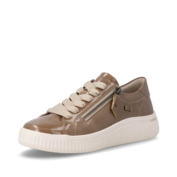 Remonte D3E07-64 women's wide brown water resistant vegan zip & lace shoes, front three-quarter view.