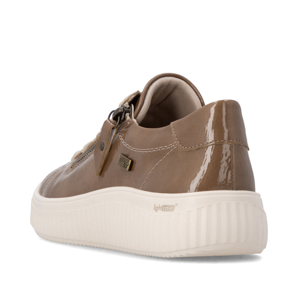 Remonte D3E07-64 women's wide brown water resistant vegan zip & lace shoes, rear three-quarter view.
