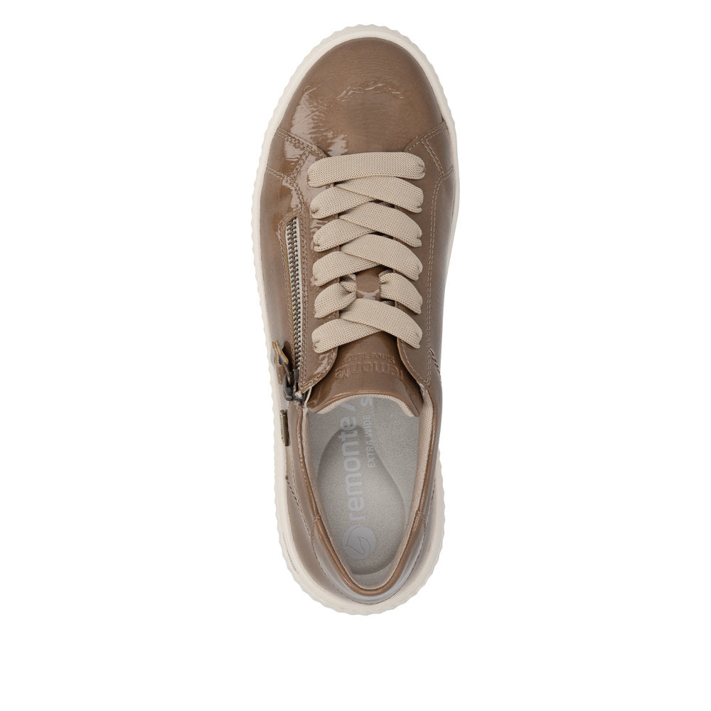 Remonte D3E07-64 women's wide brown water resistant vegan zip & lace shoes, top view.