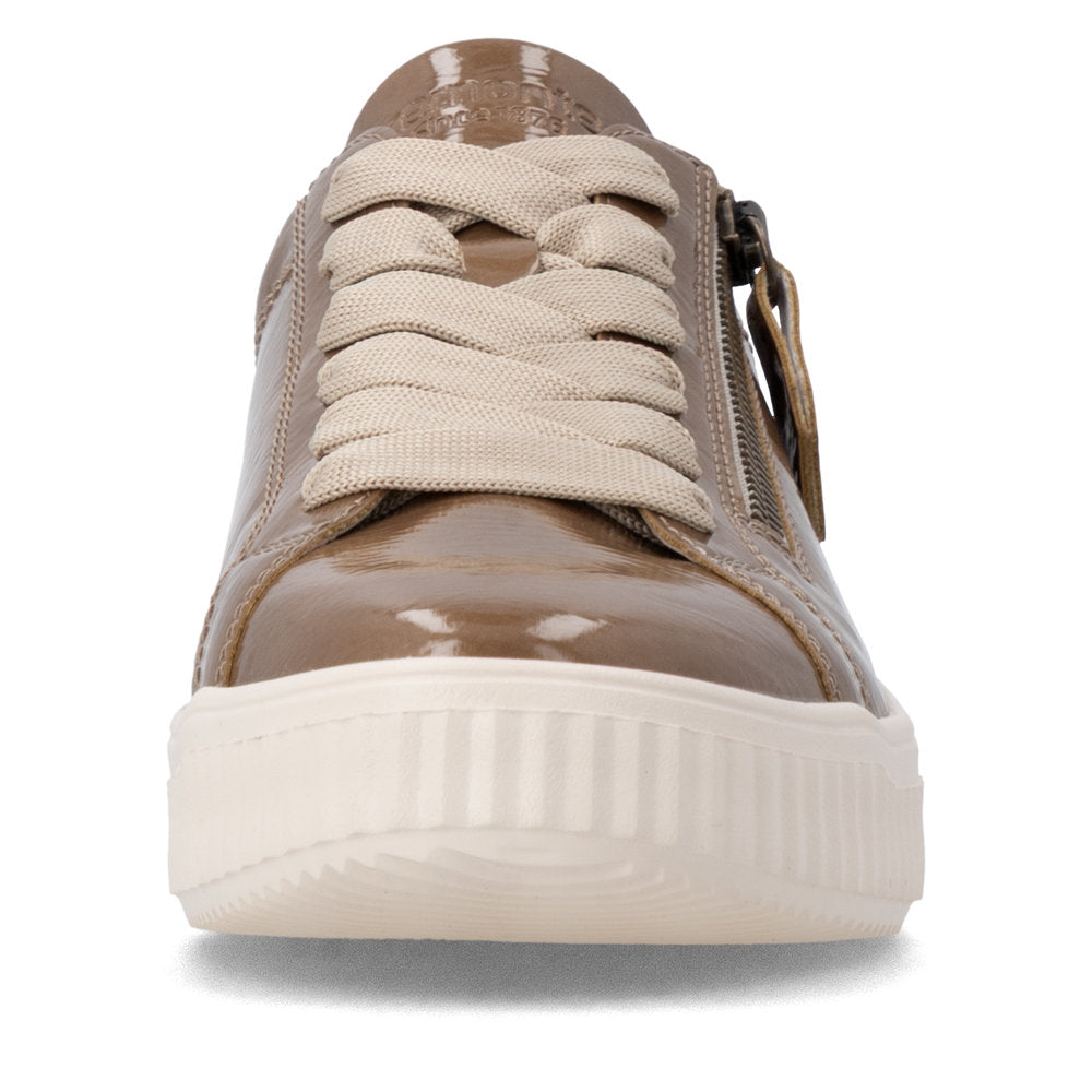Remonte D3E07-64 women's wide brown water resistant vegan zip & lace shoes, front view.