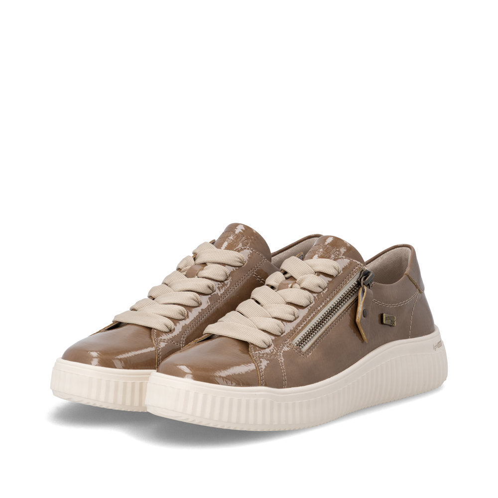 Remonte D3E07-64 women's wide brown water resistant vegan zip & lace shoes, paired three-quarter view.