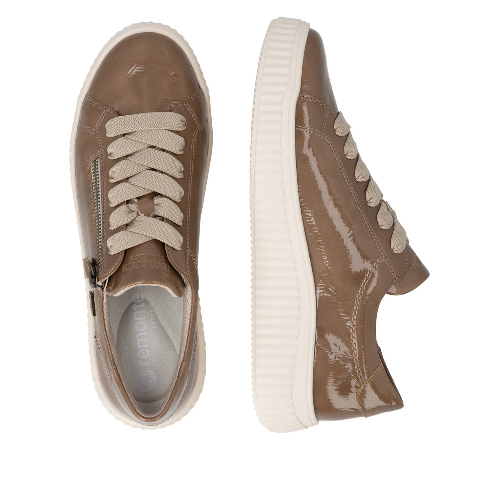 Remonte D3E07-64 women's wide brown water resistant vegan zip & lace shoes, two-angle product view.