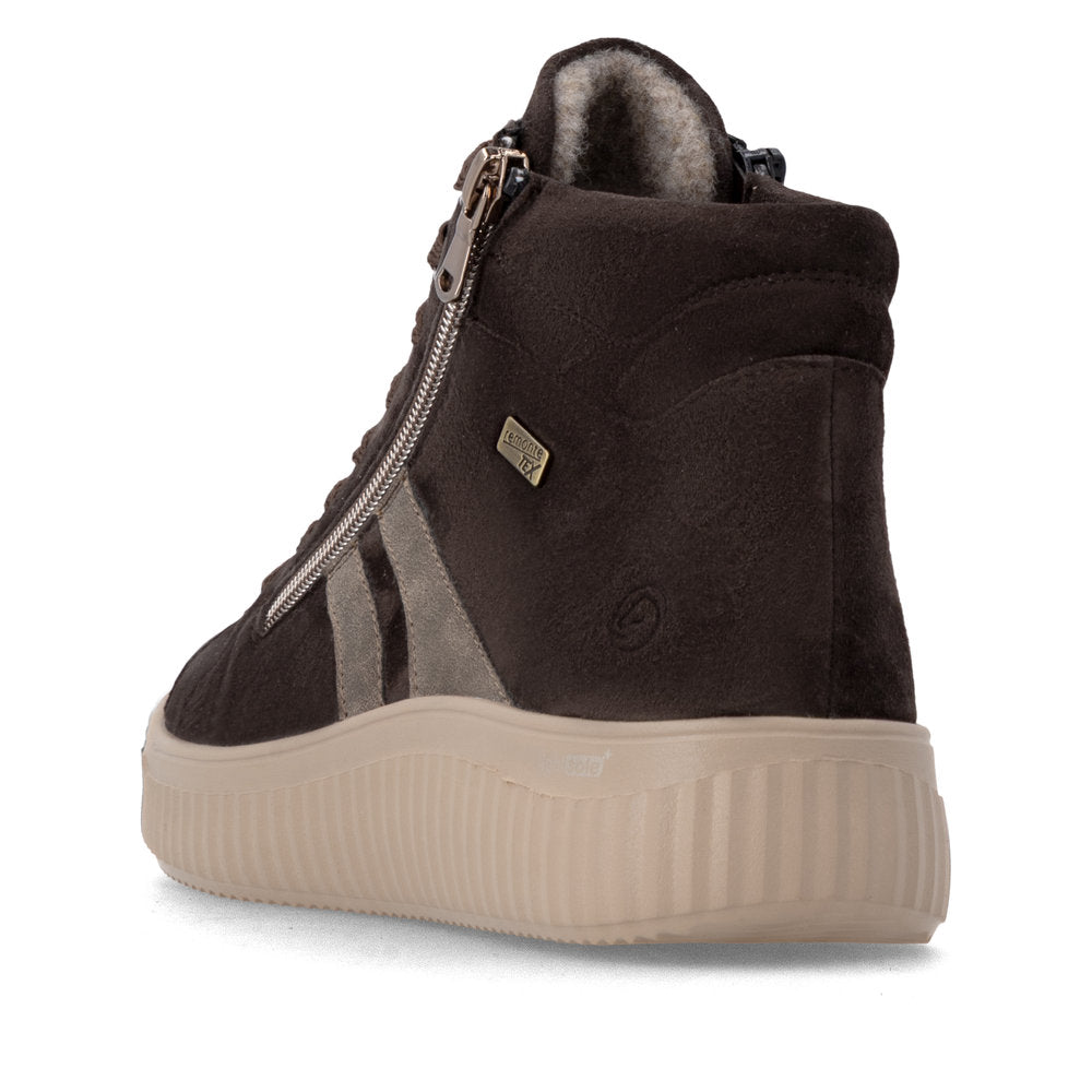 Remonte D3E70-25 women's wide brown leather water resistant zip & lace ankle boots, rear three-quarter view.