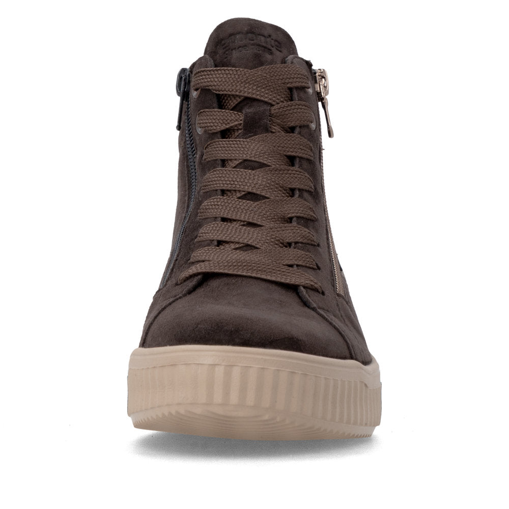 Remonte D3E70-25 women's wide brown leather water resistant zip & lace ankle boots, front view.