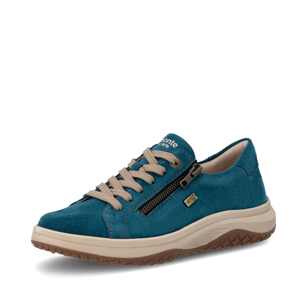 Remonte D3Q00-12 women's wide petrol blue suede water resistant zip & lace shoes, front three-quarter view.