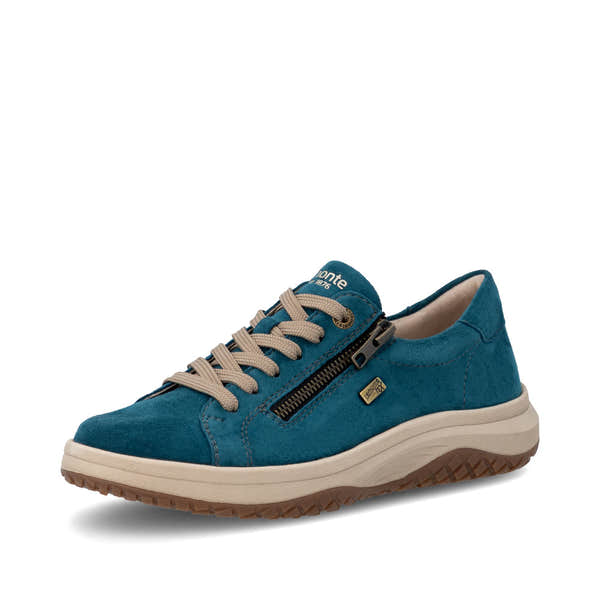 Remonte D3Q00-12 women's wide petrol blue suede water resistant zip & lace shoes, front three-quarter view.